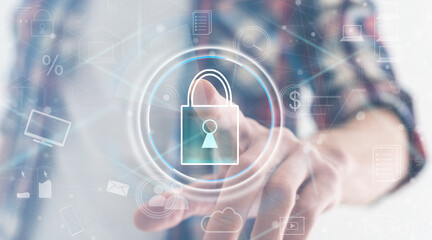 Poster - closeup concept of a male businessman standing pointing up a finger, wearing black suit, shirt and tie, representing interaction in technology within business industry, with grey flat background