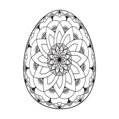 Hand drawn floral Easter egg. Coloring book page antistress with flower pattern for adults and children. Beautiful doodle ornament. Vector outline sketch illustration isolated on white background