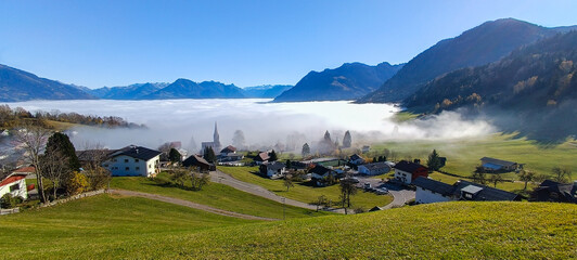 Village of Gurtis by Nenzing, Walgau Valley, State of Voralberg, Austria. Fog in the Valley