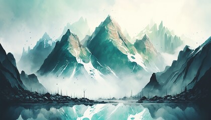 Wall Mural -  A serene mountain landscape with mist rising from the peaks