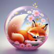 © lacrimastella - Cute little fox sleeping in a bubble with flowers, animal dream concept, ai generated