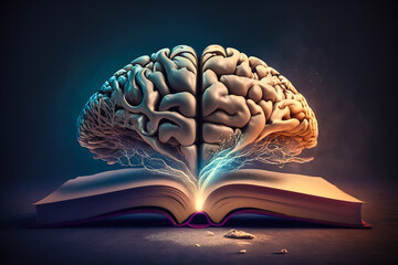 Concept of knowledge, education with open book and human brain. Generative ai.