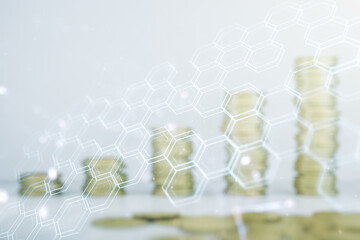 Aufkleber - Abstract virtual wireless technology hologram with hexagon on coins background, artificial intelligence and machine learning concept. Multi exposure