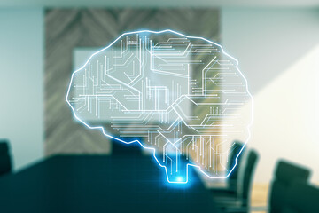 Poster - Double exposure of creative human brain microcircuit hologram on a modern boardroom background. Future technology and AI concept
