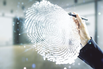 Aufkleber - Multi exposure of programmer's hand with pen working with virtual abstract fingerprint illustration on blurred office background, digital access concept