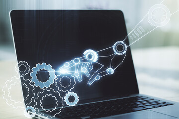 Aufkleber - Creative abstract robotics technology hologram on modern computer background, artificial intelligence and machine learning concept. Multi exposure