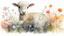 Watercolor Painting Of Cute Lamb In A Colorful Flower Field. Ideal For Art Print, Greeting Card, Easter Or Springtime Concepts Etc. Made With Generative AI.