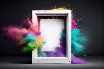 Product display frame with colorful powder paint explosion. Generative ai