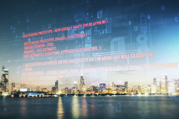 Poster - Double exposure of abstract programming language interface on Chicago city skyscrapers background, research and development concept