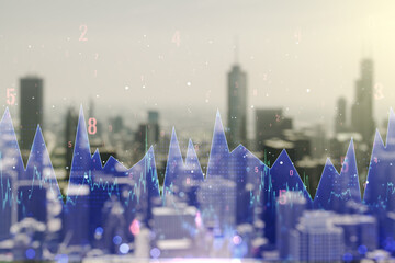 Poster - Double exposure of abstract creative statistics data hologram on blurry office buildings background, analytics and forecasting concept