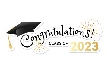 Congratulations graduates class of 2023 typography design. Graduation ceremony design template for greeting card, banner, badge, invitation, print etc. Black and gold minimalist grad ceremony design