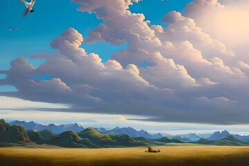 Wall Mural - A Painting Of A Sky With Clouds And A White Bird Flying In The Sky With A Blue Sky In The Background And A White Bird In The Foreground With A Pink And Blue Sky. Generative AI