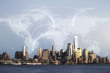 Aufkleber - Double exposure of abstract digital world map hologram with connections on New York city skyscrapers background, research and strategy concept