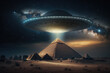 A glowing flying saucer hovering above the pyramids by generative AI