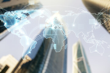 Aufkleber - Double exposure of abstract digital world map hologram with connections on blurry cityscape background, big data and blockchain concept