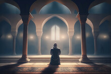 Muslim Man Praying In Old Mosque, Ramadan, Islamic Background. Generative AI