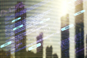 Poster - Multi exposure of abstract software development hologram and world map on modern skyscrapers background, global research and analytics concept