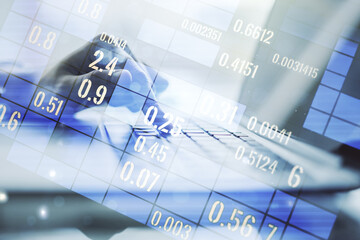 Poster - Abstract creative analytics data spreadsheet with hands typing on laptop on background, analytics and analysis concept. Multiexposure