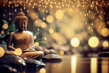 golden buddha statue in the shiny bokeh. generative ai