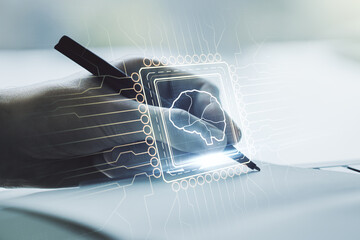 Aufkleber - Double exposure of creative artificial Intelligence symbol with man hand writing in notebook on background. Neural networks and machine learning concept