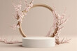 Spring cherry blossom product display podium for natural product. Empty scene with sakura branch. Generative ai