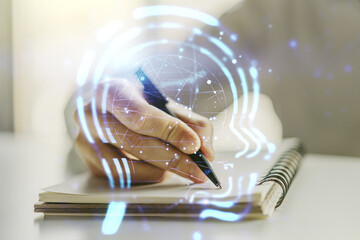 Aufkleber - Creative artificial Intelligence concept with human head sketch and man hand writing in diary on background. Double exposure