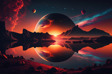 Wall Mural - sunset on the fantasy futuristic world. Generative AI