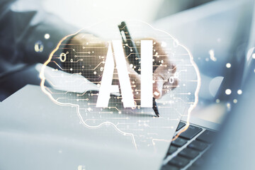 Poster - Double exposure of creative human brain microcircuit with hand writing in notepad on background with laptop. Future technology and AI concept