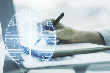 Poster - Creative artificial Intelligence concept with human brain sketch and hand writing in diary on background with laptop. Double exposure