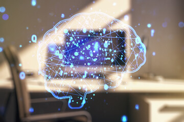 Poster - Double exposure of creative human brain microcircuit and modern desk with computer on background. Future technology and AI concept
