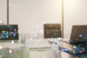 Fototapete - Creative concept of wireless technology and modern desktop with computer on background. Big data and database concept. Multiexposure
