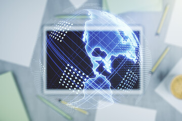 Poster - Double exposure of digital America map and digital tablet on background, top view, research and strategy concept