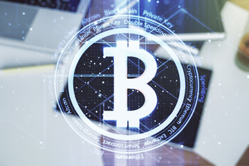 Poster - Creative Bitcoin concept and modern digital tablet on desktop on background, top view. Double exposure