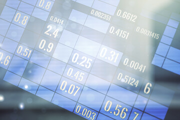 Poster - Multi exposure of stats data illustration on blurry modern office building background, computing and analytics concept