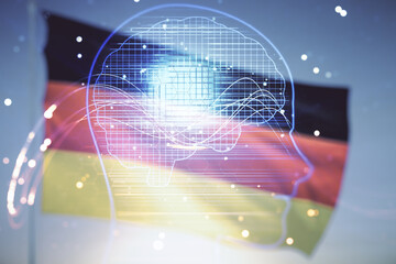Poster - Double exposure of creative human head microcircuit hologram on flag of Germany and blue sky background. Future technology and AI concept