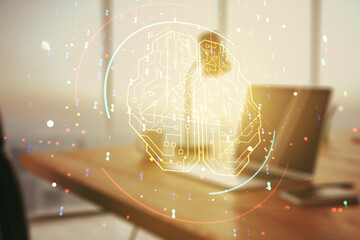 Aufkleber - Creative artificial Intelligence concept with human brain sketch on modern computer background. Double exposure