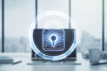 Poster - Double exposure of creative lock hologram with chip on laptop background. Information security concept