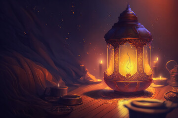 Wall Mural - Generative AI illustration of Muslim Holy Month Ramadan Kareem Arabic Lantern with bokeh in mosque, light and lantern displayed on stages with glowing light in the evening. Wallpaper and banner.