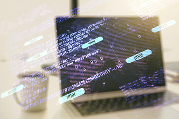 Poster - Double exposure of abstract creative programming illustration with world map on computer background, big data and blockchain concept
