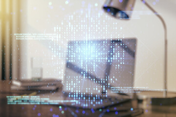 Poster - Double exposure of creative code skull hologram on laptop background. Malware and cyber crime concept