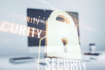 Poster - Creative idea concept with lock symbol and microcircuit illustration on modern laptop background. Protection and firewall concept. Multiexposure