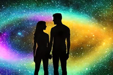 Wall Mural - man and woman silhouettes at abstract cosmic background. human souls couple in love. astral body. es