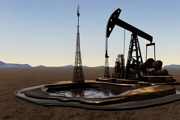 Oil Derrick And A Puddle Of Oil Spilled Next To The Well. Fountain Of Oil Pressure. Generative AI