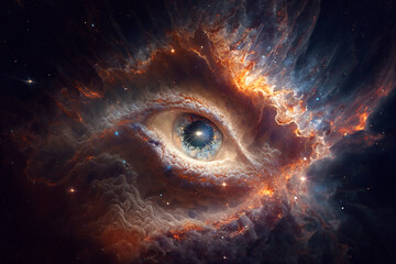 galaxy face,frontal view, human features, eyes of fire. generative ai