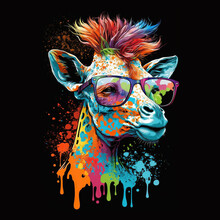 Illustration Giraffe With Rainbow Hair Wearing Sunglasses ,cartoon Comic,t-shirt Designe ,