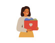 Woman holds box with new clothing for charitable. Female person donates garments for second life. Volunteer gives some items of clothes as social help. Vector illustration