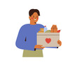 © Mary Long - Man holds box with food items for charitable. Male person donates some products. Volunteer gives some items of food and drinks as social help. Vector illustration
