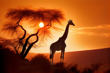 Silhouette Of A Giraffe In The Savanna Against The Backdrop Of The Setting Sun. AI Generated