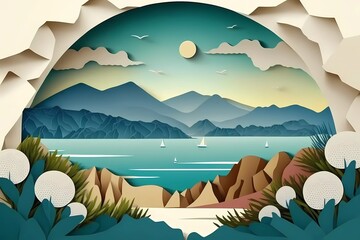 Wall Mural - Paper cut colorful illustration. Landscape with coast and sea, sunny day. Space for text. Good for banner, header