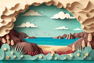 Paper cut colorful illustration. Landscape with coast and sea, sunny day. Space for text. Good for banner, header